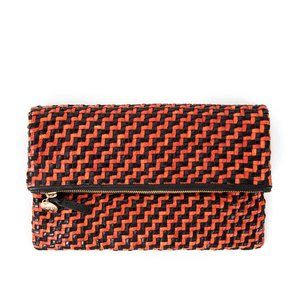 CLARE V. WOVEN FOLD OVER CLUTCH IN RED AND BLACK